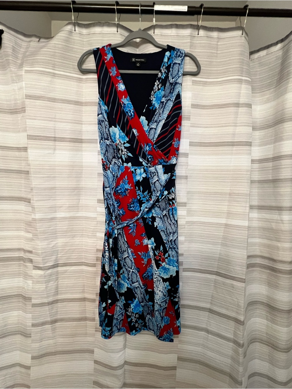 INC International Concepts Red Blue Floral Belted Midi Dress